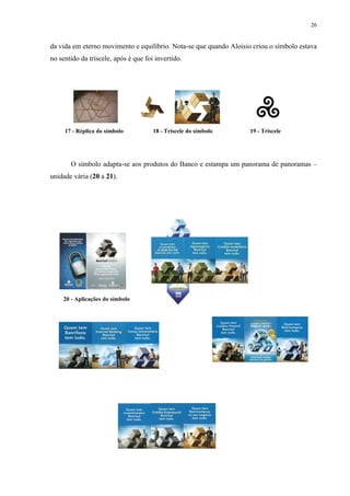 26


da vida em eterno movimento e equilíbrio. Nota-se que quando Aloisio criou o símbolo estava
no sentido da tríscele, após é que foi invertido.




     17 - Réplica do símbolo          18 - Tríscele do símbolo      19 - Tríscele




       O símbolo adapta-se aos produtos do Banco e estampa um panorama de panoramas –
unidade vária (20 a 21).




    20 - Aplicações do símbolo
 