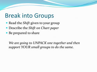 Break into Groups
 Read the Shift given to your group
 Describe the Shift on Chart paper
 Be prepared to share
We are going to UNPACK one together and then
support YOUR small groups to do the same.
 