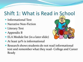  Informational Text
 Narrative Non-Fiction
 Literary Text
 Appendix B
 ELA Module list (in a later slide)
 At least 50% is informational
 Research shows students do not read informational
text and remember what they read- College and Career
Ready
Shift 1: What is Read in School
 