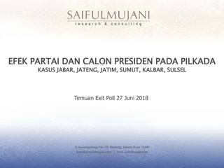 Jl. Kusumaatmaja No. 59, Menteng, Jakarta Pusat 10340
kontak@saifulmujani.com | www.saifulmujani.com
EFEK PARTAI DAN CALON PRESIDEN PADA PILKADA
KASUS JABAR, JATENG, JATIM, SUMUT, KALBAR, SULSEL
Temuan Exit Poll 27 Juni 2018
 