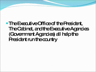 The Executive Office of the President, The Cabinet, and the Executive Agencies (Government Agencies) all help the President run the country 