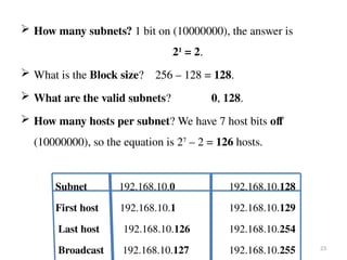  How many subnets? 1 bit on (10000000), the answer is
21
= 2.
 What is the Block size? 256 – 128 = 128.
 What are the valid subnets? 0, 128.
 How many hosts per subnet? We have 7 host bits off
(10000000), so the equation is 27
– 2 = 126 hosts.
Subnet 192.168.10.0 192.168.10.128
First host 192.168.10.1 192.168.10.129
Last host 192.168.10.126 192.168.10.254
Broadcast 192.168.10.127 192.168.10.255 23
 