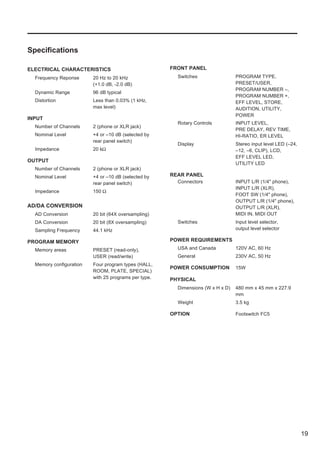 Specifications

ELECTRICAL CHARACTERISTICS                            FRONT PANEL
  Frequency Reponse      20 Hz to 20 kHz                Switches                 PROGRAM TYPE,
                         (+1.0 dB, -2.0 dB)                                      PRESET/USER,
                                                                                 PROGRAM NUMBER –,
  Dynamic Range          96 dB typical
                                                                                 PROGRAM NUMBER +,
  Distortion             Less than 0.03% (1 kHz,                                 EFF LEVEL, STORE,
                         max level)                                              AUDITION, UTILITY,
                                                                                 POWER
INPUT
                                                        Rotary Controls          INPUT LEVEL,
  Number of Channels     2 (phone or XLR jack)
                                                                                 PRE DELAY, REV TIME,
  Nominal Level          +4 or –10 dB (selected by                               HI-RATIO, ER LEVEL
                         rear panel switch)
                                                        Display                  Stereo input level LED (–24,
  Impedance              20 kΩ                                                   –12, –6, CLIP), LCD,
                                                                                 EFF LEVEL LED,
OUTPUT
                                                                                 UTILITY LED
  Number of Channels     2 (phone or XLR jack)
  Nominal Level          +4 or –10 dB (selected by    REAR PANEL
                         rear panel switch)             Connectors               INPUT L/R (1/4" phone),
                                                                                 INPUT L/R (XLR),
  Impedance              150 Ω
                                                                                 FOOT SW (1/4" phone),
                                                                                 OUTPUT L/R (1/4" phone),
AD/DA CONVERSION                                                                 OUTPUT L/R (XLR),
  AD Conversion          20 bit (64X oversampling)                               MIDI IN, MIDI OUT
  DA Conversion          20 bit (8X oversampling)       Switches                 Input level selector,
  Sampling Frequency     44.1 kHz                                                output level selector

PROGRAM MEMORY                                        POWER REQUIREMENTS
  Memory areas           PRESET (read-only),            USA and Canada           120V AC, 60 Hz
                         USER (read/write)              General                  230V AC, 50 Hz
  Memory configuration   Four program types (HALL,
                                                      POWER CONSUMPTION          15W
                         ROOM, PLATE, SPECIAL)
                         with 25 programs per type.   PHYSICAL
                                                        Dimensions (W x H x D)   480 mm x 45 mm x 227.9
                                                                                 mm
                                                        Weight                   3.5 kg

                                                      OPTION                     Footswitch FC5




                                                                                                                19
 