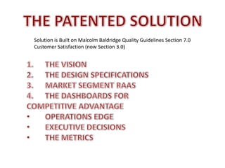Solution is Built on Malcolm Baldridge Quality Guidelines Section 7.0
Customer Satisfaction (now Section 3.0)
 