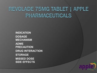 INDICATION
DOSAGE
MECHANISM
ADME
PRECAUTION
DRUG INTERACTION
STORAGE
MISSED DOSE
SIDE EFFECTS
 