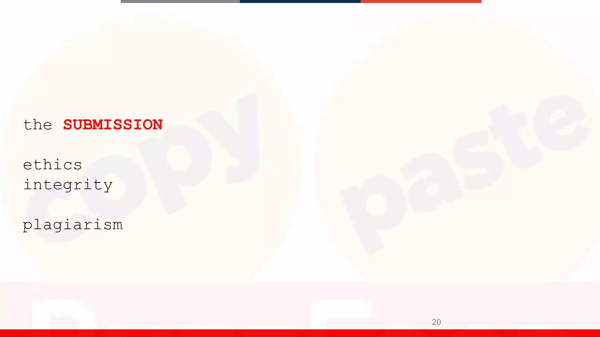 20
the SUBMISSION
ethics
integrity
plagiarism
 