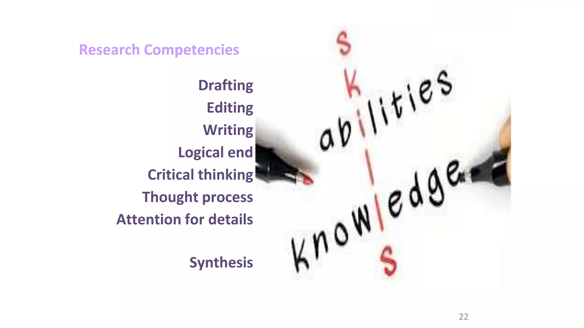 22
Research Competencies
Drafting
Editing
Writing
Logical end
Critical thinking
Thought process
Attention for details
Synthesis
 