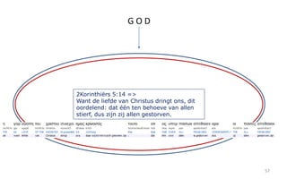 57 
G O D 
2Korinthiërs 5:14 => 
Want de liefde van Christus dringt ons, dit 
oordelend: dat één ten behoeve van allen 
stierf, dus zijn zij allen gestorven. 
 