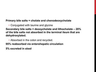 Primary bile salts = cholate and chenodeoxycholate
• Conjugated with taurine and glycine
Secondary bile salts = deoxycholate and lithocholate – 20%
of the bile salts not absorbed in the terminal ileum that are
dehydroxylated.
• Absorbed in the colon and recycled.
95% reabsorbed via enterohepatic circulation
5% excreted in stool
 
