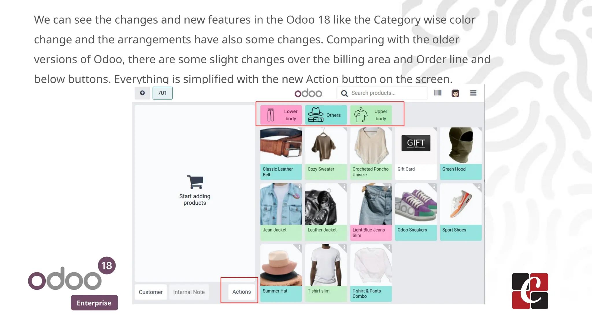 Enterprise
We can see the changes and new features in the Odoo 18 like the Category wise color
change and the arrangements have also some changes. Comparing with the older
versions of Odoo, there are some slight changes over the billing area and Order line and
below buttons. Everything is simplified with the new Action button on the screen.
 