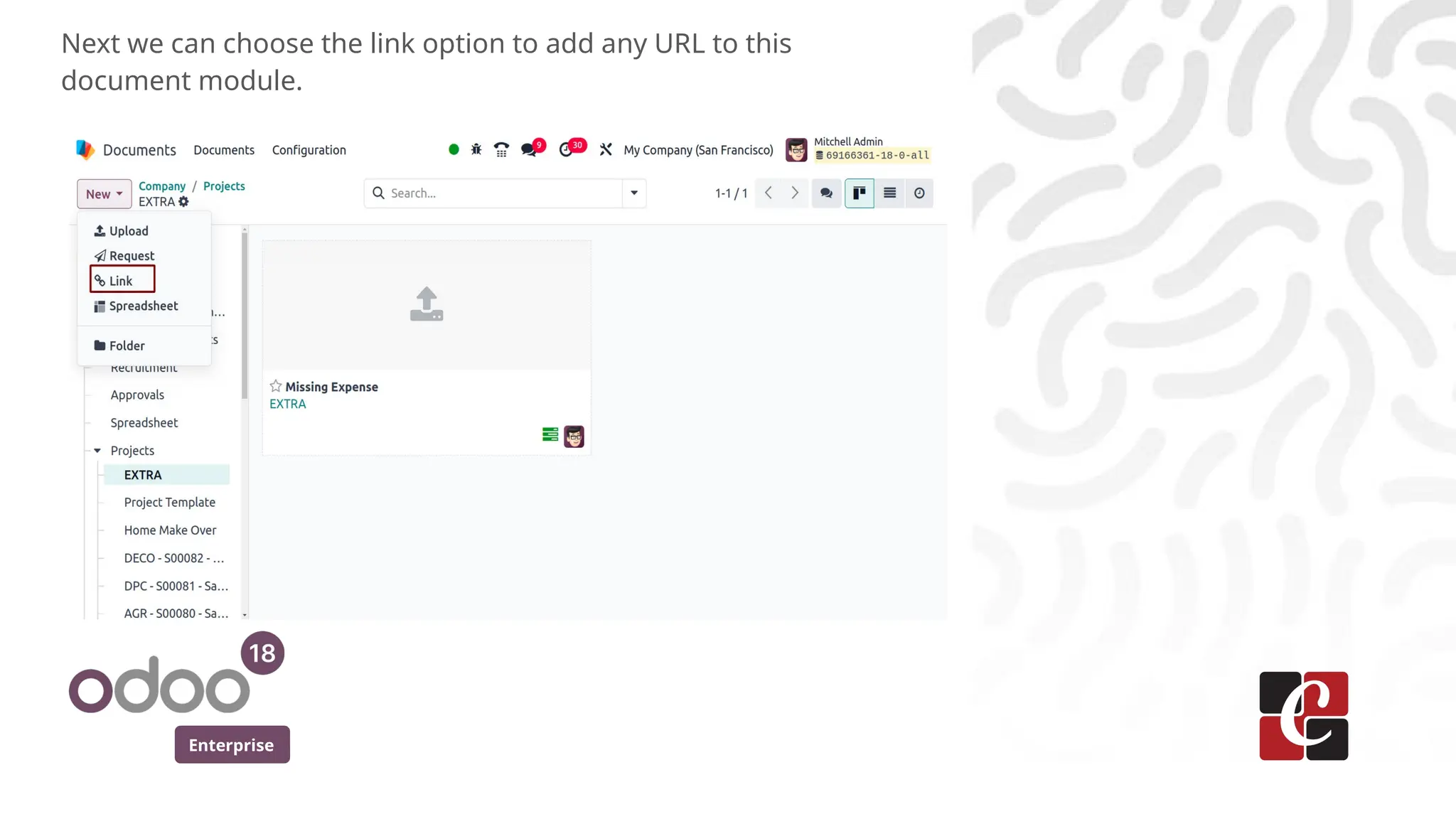 Enterprise
Next we can choose the link option to add any URL to this
document module.
 