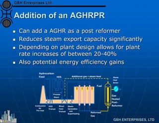Addition of an AGHRPR
 Can add a AGHR as a post reformer
 Reduces steam export capacity significantly
 Depending on plant design allows for plant
rate increases of between 20-40%
 Also potential energy efficiency gains
Steam
Hydrocarbon
Feed HDS
Fuel
Steam
Generation
and
Superheating
Steam
Generation
and
Superheating
Combustion
Air
Pre-heat
Reformed
Gas
Process
Additional gas + steam feed
Gas
Heated
Post-
Reformer
Waste
Heat
Boiler
HDS
Preheat
Mixed
Feed
Preheat
 