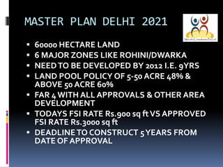 MASTER PLAN DELHI 2021





60000 HECTARE LAND
6 MAJOR ZONES LIKE ROHINI/DWARKA
NEED TO BE DEVELOPED BY 2012 I.E. 9YRS
LAND POOL POLICY OF 5-50 ACRE 48% &
ABOVE 50 ACRE 60%
 FAR 4 WITH ALL APPROVALS & OTHER AREA
DEVELOPMENT
 TODAYS FSI RATE Rs.900 sq ft VS APPROVED
FSI RATE Rs.3000 sq ft
 DEADLINE TO CONSTRUCT 5 YEARS FROM
DATE OF APPROVAL

 