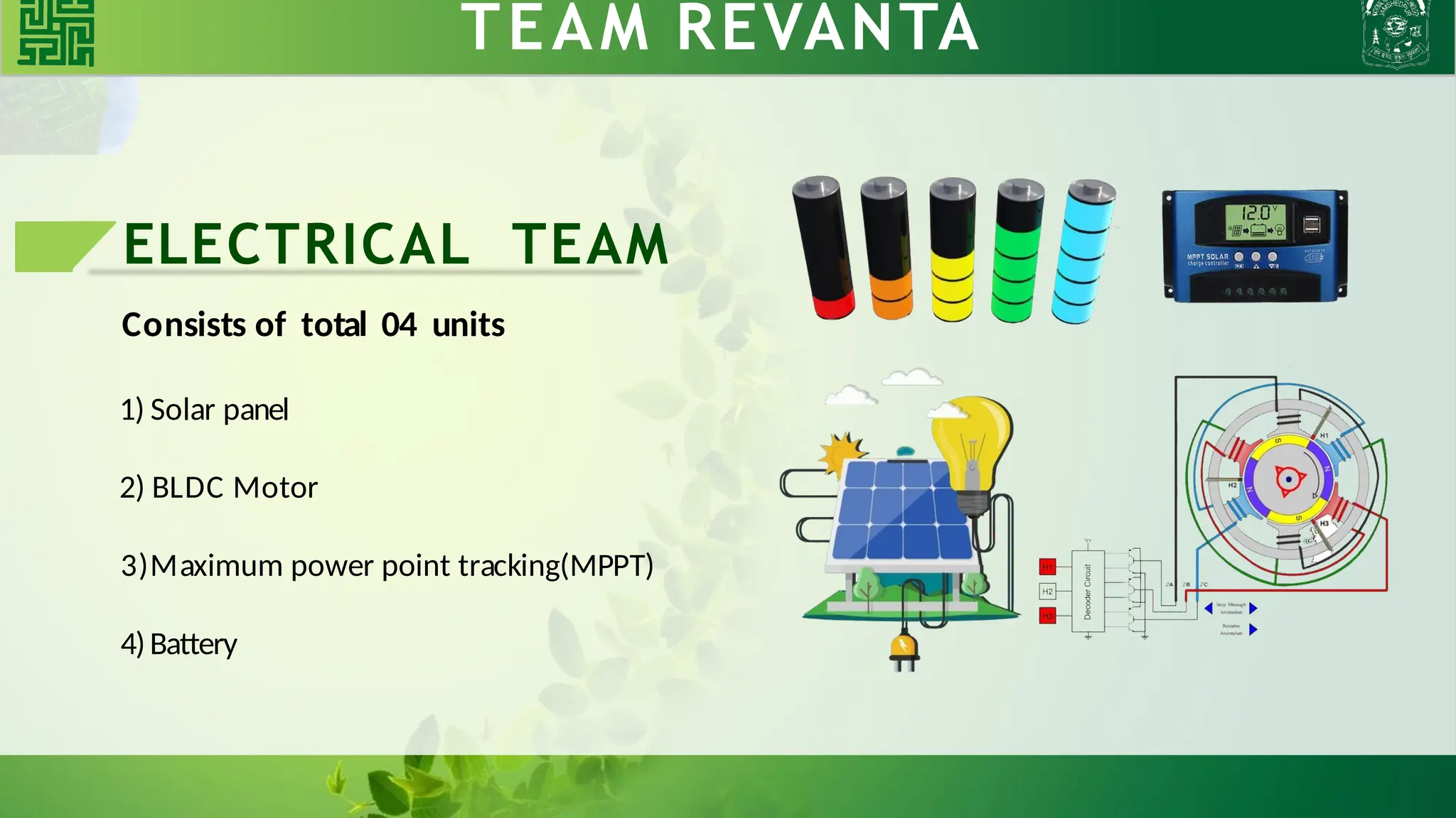 TEAM REVANTA
ELECTRICAL TEAM
Consists of total 04 units
1) Solar panel
2) BLDC Motor
3)Maximum power point tracking(MPPT)
4)Battery
 