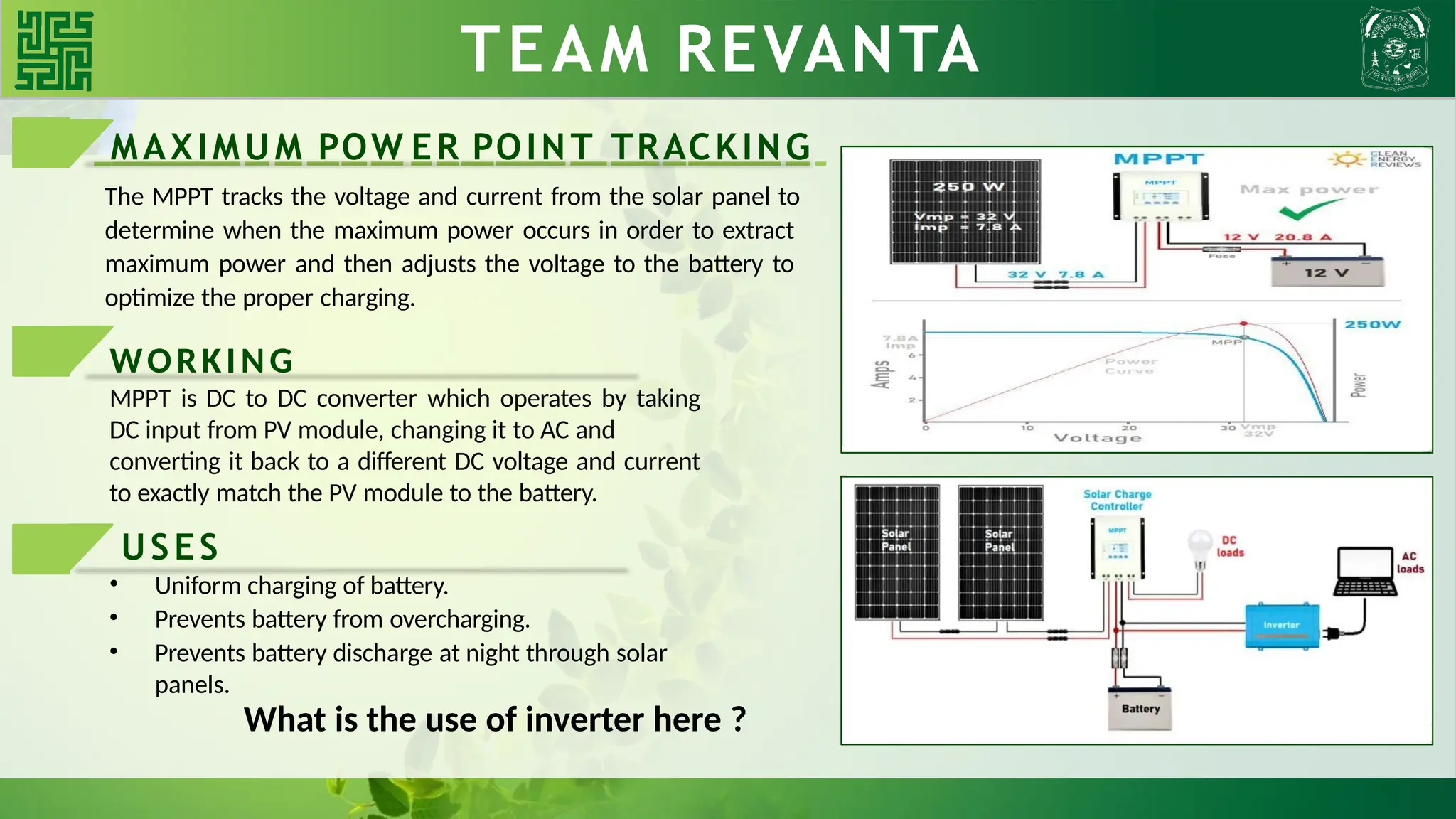MAXIMUM POW ER POINT TRACKING
The MPPT tracks the voltage and current from the solar panel to
determine when the maximum power occurs in order to extract
maximum power and then adjusts the voltage to the battery to
optimize the proper charging.
WORKING
MPPT is DC to DC converter which operates by taking
DC input from PV module, changing it to AC and
converting it back to a different DC voltage and current
to exactly match the PV module to the battery.
• Uniform charging of battery.
• Prevents battery from overcharging.
• Prevents battery discharge at night through solar
panels.
TEAM REVANTA
What is the use of inverter here ?
USES
 