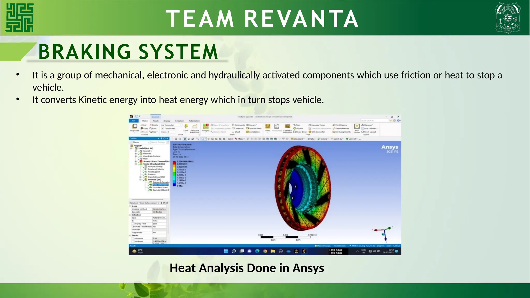 BRAKING SYSTEM
• It is a group of mechanical, electronic and hydraulically activated components which use friction or heat to stop a
vehicle.
• It converts Kinetic energy into heat energy which in turn stops vehicle.
TEAM REVANTA
Heat Analysis Done in Ansys
 