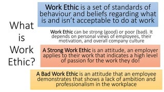 What
is
Work
Ethic?
Work Ethic is a set of standards of
behaviour and beliefs regarding what
is and isn’t acceptable to do at work
Work Ethic can be strong (good) or poor (bad). It
depends on personal views of employees, their
motivation, and overall company culture
A Strong Work Ethic is an attitude, an employer
applies to their work that indicates a high level
of passion for the work they do!
A Bad Work Ethic is an attitude that an employee
demonstrates that shows a lack of ambition and
professionalism in the workplace
 