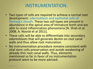 INSTRUMENTATION.
• Two types of cells are required to achieve a normal root
development: odontoblasts and epithelial cells of
Hertwig’s sheath. These two cell types are present in
abundance in the apical area of immature teeth and are
able to resist inflammation phenomena [N. Shah et al.
2008, A. Nosrat et al 2011].
• These cells will be able to differentiate into secondary
odontoblasts that will generate dentin on root canal
walls and thus allow root maturation.
• No instrumentation procedure remains consistent with
vital stem cells preservation and avoids weakening of
already thin root canal walls. Thus, elements
mentioned so far in favor of no instrumentation
protocol seem to be more advised.
1927 November 2016
 