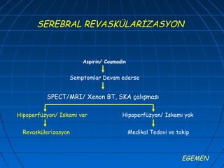 SEREBRAL REVASKÜLARİZASYON



                       Aspirin/ Coumadin


                  Semptomlar Devam ederse


          SPECT/MRI/ Xenon BT, SKA çalışması

Hipoperfüzyon/ İskemi var             Hipoperfüzyon/ İskemi yok


  Revaskülerizasyon                        Medikal Tedavi ve takip



                                                               EGEMEN
 