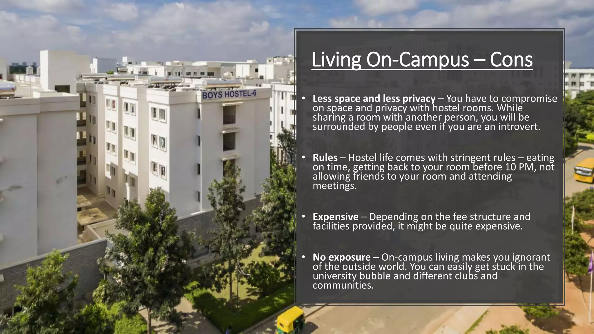 Pros/Cons of Living On or Living Off Campus PPT