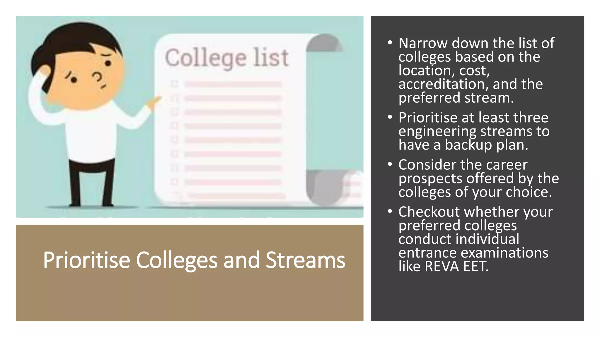 Prioritise Colleges and Streams
• Narrow down the list of
colleges based on the
location, cost,
accreditation, and the
preferred stream.
• Prioritise at least three
engineering streams to
have a backup plan.
• Consider the career
prospects offered by the
colleges of your choice.
• Checkout whether your
preferred colleges
conduct individual
entrance examinations
like REVA EET.
 