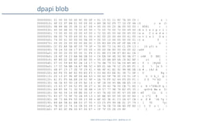 SANS DFIR Summit Prague 2015 - @dfirfpi on 14
dpapi blob
00000000: 01 00 00 00 D0 8C 9D DF - 01 15 D1 11 8C 7A 00 C0 | z |
00000010: 4F C2 97 EB 01 00 00 00 - B9 3B 02 F9 77 1D CF 4A |O ; w J|
00000020: 9E 88 4E 35 38 31 A7 D4 - 00 00 00 20 3A 00 00 00 | N581 : |
00000030: 45 00 6E 00 74 00 65 00 - 72 00 70 00 72 00 69 00 |E n t e r p r i |
00000040: 73 00 65 00 20 00 43 00 - 72 00 65 00 64 00 65 00 |s e C r e d e |
00000050: 6E 00 74 00 69 00 61 00 - 6C 00 20 00 44 00 61 00 |n t i a l D a |
00000060: 74 00 61 00 0D 00 0A 00 - 00 00 10 66 00 00 00 01 |t a f |
00000070: 00 00 20 00 00 00 A6 0C - D5 B3 E4 F6 6F 0F EA C8 | o |
00000080: CC F2 A8 5B 4F C0 79 3F - 7D 80 73 16 90 C1 F8 13 | [O y?} s |
00000090: 78 24 50 CE 17 87 00 00 - 00 00 0E 80 00 00 00 02 |x$P |
000000a0: 00 00 20 00 00 00 31 F4 - 01 B8 C3 D8 87 B3 A1 CA | 1 |
000000b0: 1E 6F 34 23 AB 8A DB 55 - C4 EB 58 4E 5D 9D 9A 07 | o4# U XN] |
000000c0: 8F B9 D2 0E 6F 28 B0 00 - 00 00 AB B9 6A 18 B2 BF | o( j |
000000d0: 07 CC 59 E9 80 2B 14 17 - 7D 4B 79 53 5A C6 B5 B0 | Y + }KySZ |
000000e0: 17 CC 5A BB 1A A7 8B 5C - B9 D1 6A 78 1C 25 B5 F1 | Z  jx % |
000000f0: 6B 87 23 17 2E 7F 29 41 - 4A 9F 41 B2 92 98 8E DE |k # . )AJ A |
00000100: A0 F6 55 AF 82 FD B3 F3 - 03 A6 83 EE 81 38 71 DF | U 8q |
00000110: 20 13 D7 96 4F 06 A6 43 - 0D 62 5F 7B 0C C4 51 1F | O C b_{ Q |
00000120: A1 F1 F5 4A E8 24 02 9F - 2A 76 FF 62 44 FD FD F1 | J $ *v bD |
00000130: 3A CB 83 0D 18 05 B2 14 - 9F 1B 04 45 BA DB E5 14 |: E |
00000140: 15 63 07 06 52 F0 3E 27 - 36 39 62 7B 50 CB 71 E0 | c R >'69b{P q |
00000150: A9 E5 94 71 3D 56 3E 6B - 18 57 77 9E 78 E2 F5 35 | q=V>k Ww x 5|
00000160: DD 6D 54 16 08 BE 0D 1F - 43 7A 0D 00 8C 47 D5 E8 | mT Cz G |
00000170: 83 D7 72 9F 7D 2A 49 13 - DC BE 40 00 00 00 0C ED | r }*I @ |
00000180: D8 73 8A F6 50 D8 23 88 - AF 60 3E 41 C3 2A 67 CB | s P # `>A *g |
00000190: B9 A8 5B A1 EB 03 37 55 - 03 C5 F9 9D DE D1 37 79 | [ 7U 7y|
000001a0: 7B DF 1D 74 16 CB 55 09 - 16 7A CB 7D 0B 8D FF BD |{ t U z } |
000001b0: 97 B3 DC FB 5D 87 06 E7 - CF 7F C0 2E 29 8F | ] .) |
 