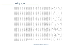 SANS DFIR Summit Prague 2015 - @dfirfpi on 21
policy.vpol
00000000: 01 00 00 00 42 C4 F4 4B - 8A 9B A0 41 B3 80 DD 4A | B K A J|
00000010: 70 4D DB 28 20 00 00 00 - 57 00 65 00 62 00 20 00 |pM ( W e b |
00000020: 43 00 72 00 65 00 64 00 - 65 00 6E 00 74 00 69 00 |C r e d e n t i |
00000030: 61 00 6C 00 73 00 00 00 - 01 00 00 00 00 00 00 00 |a l s |
00000040: 01 00 00 00 68 01 00 00 - 0B DA 73 DD 83 FD 12 47 | h s G|
00000050: AF 8B D1 53 C7 10 C6 B9 - 0B DA 73 DD 83 FD 12 47 | S s G|
00000060: AF 8B D1 53 C7 10 C6 B9 - 44 01 00 00 01 00 00 00 | S D |
00000070: D0 8C 9D DF 01 15 D1 11 - 8C 7A 00 C0 4F C2 97 EB | z O |
00000080: 01 00 00 00 9E 5F CA 42 - 0B F4 29 41 BC 43 84 E5 | _ B )A C |
00000090: 8D 82 4F 66 00 00 00 20 - 00 00 00 00 10 66 00 00 | Of f |
000000a0: 00 01 00 00 20 00 00 00 - AD DE C4 5D BA C7 32 92 | ] 2 |
000000b0: 58 E6 5D D4 6D 2C 27 63 - A6 C8 36 F3 7A 67 30 64 |X ] m,'c 6 zg0d|
000000c0: 69 78 2C 5B 1A 30 1E A5 - 00 00 00 00 0E 80 00 00 |ix,[ 0 |
000000d0: 00 02 00 00 20 00 00 00 - 5C 2E CF E4 E3 C4 74 76 | . tv|
000000e0: 35 94 35 02 0B 53 37 C3 - 88 AC 3C 51 10 E7 A4 4B |5 5 S7 <Q K|
000000f0: 05 03 67 B8 B9 5D 74 87 - 70 00 00 00 1D 86 E6 36 | g ]t p 6|
00000100: B0 A5 45 B2 24 32 15 D5 - EC BF D8 42 E7 C6 DC B3 | E $2 B |
00000110: C4 78 A4 9E 69 26 24 FC - E5 40 E5 BB E7 74 24 F8 | x i&$ @ t$ |
00000120: E9 8E 50 44 5C 65 45 39 - 8A 55 B2 10 93 AD 12 8A | PDeE9 U |
00000130: EC E9 CE D7 19 02 3E 94 - C4 F0 96 5C 71 2A 77 84 | > q*w |
00000140: 37 CF 1C 41 10 50 E5 48 - BE C9 B7 AF BE C7 BA F3 |7 A P H |
00000150: 79 D5 C2 E7 49 96 0B 09 - 1F 39 A0 5C 5E D7 B2 7D |y I 9 ^ }|
00000160: C8 5D CA 08 A8 07 45 DD - 59 FA 11 6D 40 00 00 00 | ] E Y m@ |
00000170: 06 3C BF DE 52 E7 41 76 - E1 DB C9 ED BC 58 D1 1C | < R Av X |
00000180: 5F 7D 85 00 5F A8 48 F2 - 45 93 73 CF 03 78 46 50 |_} _ H E s xFP|
00000190: 30 E5 D8 2E D9 1E D5 25 - 7C 72 3B 10 39 EA 03 EA |0 . %|r; 9 |
000001a0: 88 00 40 49 C9 1D EB 19 - EC 6B 7F 7F 35 D1 99 A5 | @I k 5 |
000001b0: 00 00 00 00 | |
 