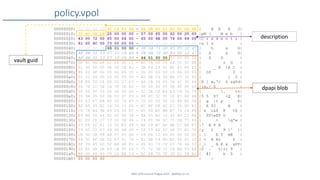 SANS DFIR Summit Prague 2015 - @dfirfpi on 22
policy.vpol
00000000: 01 00 00 00 42 C4 F4 4B - 8A 9B A0 41 B3 80 DD 4A | B K A J|
00000010: 70 4D DB 28 20 00 00 00 - 57 00 65 00 62 00 20 00 |pM ( W e b |
00000020: 43 00 72 00 65 00 64 00 - 65 00 6E 00 74 00 69 00 |C r e d e n t i |
00000030: 61 00 6C 00 73 00 00 00 - 01 00 00 00 00 00 00 00 |a l s |
00000040: 01 00 00 00 68 01 00 00 - 0B DA 73 DD 83 FD 12 47 | h s G|
00000050: AF 8B D1 53 C7 10 C6 B9 - 0B DA 73 DD 83 FD 12 47 | S s G|
00000060: AF 8B D1 53 C7 10 C6 B9 - 44 01 00 00 01 00 00 00 | S D |
00000070: D0 8C 9D DF 01 15 D1 11 - 8C 7A 00 C0 4F C2 97 EB | z O |
00000080: 01 00 00 00 9E 5F CA 42 - 0B F4 29 41 BC 43 84 E5 | _ B )A C |
00000090: 8D 82 4F 66 00 00 00 20 - 00 00 00 00 10 66 00 00 | Of f |
000000a0: 00 01 00 00 20 00 00 00 - AD DE C4 5D BA C7 32 92 | ] 2 |
000000b0: 58 E6 5D D4 6D 2C 27 63 - A6 C8 36 F3 7A 67 30 64 |X ] m,'c 6 zg0d|
000000c0: 69 78 2C 5B 1A 30 1E A5 - 00 00 00 00 0E 80 00 00 |ix,[ 0 |
000000d0: 00 02 00 00 20 00 00 00 - 5C 2E CF E4 E3 C4 74 76 | . tv|
000000e0: 35 94 35 02 0B 53 37 C3 - 88 AC 3C 51 10 E7 A4 4B |5 5 S7 <Q K|
000000f0: 05 03 67 B8 B9 5D 74 87 - 70 00 00 00 1D 86 E6 36 | g ]t p 6|
00000100: B0 A5 45 B2 24 32 15 D5 - EC BF D8 42 E7 C6 DC B3 | E $2 B |
00000110: C4 78 A4 9E 69 26 24 FC - E5 40 E5 BB E7 74 24 F8 | x i&$ @ t$ |
00000120: E9 8E 50 44 5C 65 45 39 - 8A 55 B2 10 93 AD 12 8A | PDeE9 U |
00000130: EC E9 CE D7 19 02 3E 94 - C4 F0 96 5C 71 2A 77 84 | > q*w |
00000140: 37 CF 1C 41 10 50 E5 48 - BE C9 B7 AF BE C7 BA F3 |7 A P H |
00000150: 79 D5 C2 E7 49 96 0B 09 - 1F 39 A0 5C 5E D7 B2 7D |y I 9 ^ }|
00000160: C8 5D CA 08 A8 07 45 DD - 59 FA 11 6D 40 00 00 00 | ] E Y m@ |
00000170: 06 3C BF DE 52 E7 41 76 - E1 DB C9 ED BC 58 D1 1C | < R Av X |
00000180: 5F 7D 85 00 5F A8 48 F2 - 45 93 73 CF 03 78 46 50 |_} _ H E s xFP|
00000190: 30 E5 D8 2E D9 1E D5 25 - 7C 72 3B 10 39 EA 03 EA |0 . %|r; 9 |
000001a0: 88 00 40 49 C9 1D EB 19 - EC 6B 7F 7F 35 D1 99 A5 | @I k 5 |
000001b0: 00 00 00 00 | |
dpapi blob
description
vault guid
 