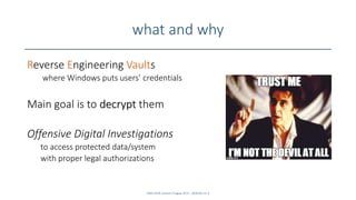 what and why
Reverse Engineering Vaults
where Windows puts users’ credentials
Main goal is to decrypt them
Offensive Digital Investigations
to access protected data/system
with proper legal authorizations
SANS DFIR Summit Prague 2015 - @dfirfpi on 3
 