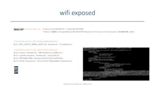 wifi exposed
SANS DFIR Summit Prague 2015 - @dfirfpi on 45
dpapilab> winwifidec.py --security=SECURITY --system=SYSTEM
--wdir=[DATA]ProgramDataMICROSOFTWlansvcProfilesInterfaces{C03B6CCB-…20}
{3219475E-D1C2-11E3-9C44-00A0C6000001}
Wifi:WFD_GROUP_OWNER_PROFILE Password: f0rZaGenoa!
{A028DED4-860D-11E2-9BCF-00A0C6000000}
Wifi:rnsys Password: OMG-NoSecurity@Work:(
Wifi:iperboleguest Password: hackinbo01
Wifi:NETGEAR-NEW Password:Bu3n0sD1asAT0d0s
Wifi:FPIW Password: ThisIs*Not*MyHomeWifiPassword…
 