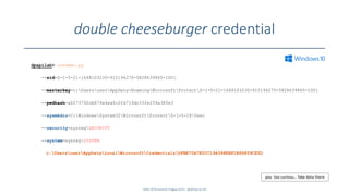 double cheeseburger credential
SANS DFIR Summit Prague 2015 - @dfirfpi on 49
dpapilab> creddec.py
--sid=S-1-5-21-1648103230-915194270-5828639865-1001
--masterkey=c:UsersuserAppDataRoamingMicrosoftProtectS-1-5-21-1648103230-915194270-5828639865-1001
--pwdhash=a0273792cb879a4ea0c2fd719dc15fe259a385e3
--sysmkdir=C:WindowsSystem32MicrosoftProtectS-1-5-18User
--security=sysregSECURITY
--system=sysregSYSTEM
c:UsersuserAppDataLocalMicrosoftCredentialsDFBE70A7E5CC19A398EBF1B96859CE5D
you too curious… fake data there
 