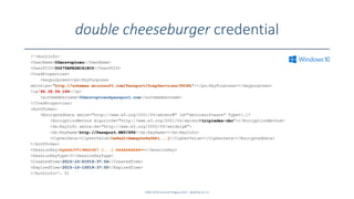 double cheeseburger credential
SANS DFIR Summit Prague 2015 - @dfirfpi on 51
('<AuthInfo>
<UserName>02mrsvuptceu</UserName>
<UserPUID>00275EFE2EC418C0</UserPUID>
<CredProperties>
<keypurposes><ps:KeyPurposes
xmlns:ps="http://schemas.microsoft.com/Passport/SoapServices/PPCRL"></ps:KeyPurposes></keypurposes>
<ip>94.36.56.146</ip>
<authmembername>02mrsvuptceu@passport.com</authmembername>
</CredProperties>
<AuthToken>
<EncryptedData xmlns="http://www.w3.org/2001/04/xmlenc#" Id="devicesoftware" Type=[…]>
<EncryptionMethod Algorithm="http://www.w3.org/2001/04/xmlenc#tripledes-cbc"></EncryptionMethod>
<ds:KeyInfo xmlns:ds="http://www.w3.org/2000/09/xmldsig#">
<ds:KeyName>http://Passport.NET/STS</ds:KeyName></ds:KeyInfo>
<CipherData><CipherValue>Cm9aG1+DmmquOs8a0GD[...]</CipherValue></CipherData></EncryptedData>
</AuthToken>
<SessionKey>AgAAAJf5l4Mnb6E7 [...] AAAAAAAAAA==</SessionKey>
<SessionKeyType>3</SessionKeyType>
<CreatedTime>2015-10-01T19:37:56</CreatedTime>
<ExpiredTime>2015-10-15T19:37:55</ExpiredTime>
</AuthInfo>', 0)
 