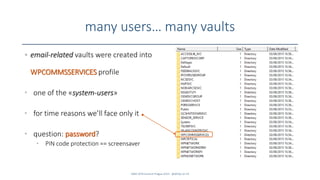 many users… many vaults
SANS DFIR Summit Prague 2015 - @dfirfpi on 54
• email-related vaults were created into
WPCOMMSSERVICES profile
• one of the «system-users»
• for time reasons we’ll face only it
• question: password?
• PIN code protection == screensaver
 