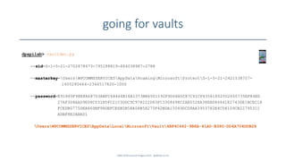going for vaults
SANS DFIR Summit Prague 2015 - @dfirfpi on 61
dpapilab> vaultdec.py
--sid=S-1-5-21-2702878673-795188819-444038987-2788
--masterkey=UsersWPCOMMSSERVICESAppDataRoamingMicrosoftProtectS-1-5-21-2421538757-
1605280464-2344517820-1000
--password=E91889F98E8A68703ABFC68464B16A1373BB6501192F9D68A5C87C41CF43561852502650735EF84ED
27AF308AAD9E08C031B5FC21C3DDC9C978222D83FC3308498C2AE0528A38EB086841E2743DE1BCEC18
FCEDB0775DEA869BF98DEFCE6B5B58A58B58275F42BDA15049DCD9AA3953782E4CD4109CB22795311
ADBF8E2ABAD1
UsersWPCOMMSSERVICESAppDataLocalMicrosoftVault4BF4C442-9B8A-41A0-B380-DD4A704DDB28
 