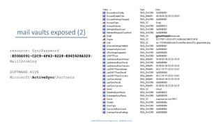 SANS DFIR Summit Prague 2015 - @dfirfpi on 63
mail vaults exposed (2)
resource: SyncPassword
{E00DD091-C2C9-4F43-8228-E965928A329}
MailIncoming
SOFTWARE HIVE
MicrosoftActiveSyncPartners
 