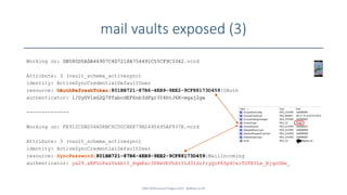 mail vaults exposed (3)
SANS DFIR Summit Prague 2015 - @dfirfpi on 64
Working on: DB580D5ADA46907C4D7218A754491C55CF9C3342.vcrd
Attribute: 3 (vault_schema_activesync)
identity: ActiveSyncCredentialDefaultUser
resource: OAuthRefreshToken{801BB721-87B6-4EB9-9EE2-9CF88173D459}OAuth
authenticator: 1/UyGV1eG2Q7FfabcdEF6nb3dFgr354htJ6K-mgaj2gw
--------------
Working on: FE912C0BD34AD8BC6C00C8E879B2490495AF937E.vcrd
Attribute: 3 (vault_schema_activesync)
identity: ActiveSyncCredentialDefaultUser
resource: SyncPassword{801BB721-87B6-4EB9-9EE2-9CF88173D459}MailIncoming
authenticator: ya29.xBFGoPazVskbtY_HqmExc3PXmVbYhXrYLd3ldzfryQcP65p4CerTGTEVLe_BjqnGHe_
 