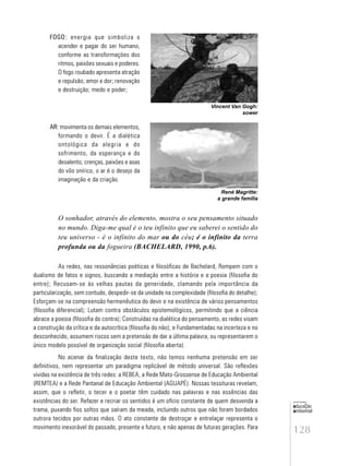 128
educação
ambiental
de
revista brasileira
O sonhador, através do elemento, mostra o seu pensamento situado
no mundo. Diga-me qual é o teu infinito que eu saberei o sentido do
teu universo - é o infinito do mar ou do céu; é o infinito da terra
profunda ou da fogueira (BACHELARD, 1990, p.6).
As redes, nas ressonâncias poéticas e filosóficas de Bachelard, Rompem com o
dualismo de fatos e signos, buscando a mediação entre a história e a poesia (filosofia do
entre); Recusam-se às velhas pautas da generidade, clamando pela importância da
particularização, sem contudo, despedir-se da unidade na complexidade (filosofia do detalhe);
Esforçam-se na compreensão hermenêutica do devir e na existência de vários pensamentos
(filosofia diferencial); Lutam contra obstáculos epistemológicos, permitindo que a ciência
abrace a poesia (filosofia do contra); Construídas na dialética do pensamento, as redes visam
a construção da crítica e da autocrítica (filosofia do não); e Fundamentadas na incerteza e no
desconhecido, assumem riscos sem a pretensão de dar a última palavra, ou representarem o
único modelo possível de organização social (filosofia aberta).
No acenar da finalização deste texto, não temos nenhuma pretensão em ser
definitivos, nem representar um paradigma replicável de método universal. São reflexões
vividas na existência de três redes: a REBEA, a Rede Mato-Grossense de Educação Ambiental
(REMTEA) e a Rede Pantanal de Educação Ambiental (AGUAPÉ). Nossas tessituras revelam,
assim, que o refletir, o tecer e o poetar têm cuidado nas palavras e nas essências das
existências do ser. Refazer e recriar os sentidos é um ofício constante de quem desvenda a
trama, puxando fios soltos que saíram da meada, incluindo outros que não foram bordados
outrora tecidos por outras mãos. O ato constante de destroçar e entrelaçar representa o
movimento inexorável do passado, presente e futuro, e não apenas de futuras gerações. Para
René Magritte:
a grande família
FOGO: energia que simboliza o
acender e pagar do ser humano,
conforme as transformações dos
ritmos, paixões sexuais e poderes.
O fogo roubado apresenta atração
e repulsão; amor e dor; renovação
e destruição; medo e poder;
Vincent Van Gogh:
sower
AR: movimenta os demais elementos,
formando o devir. É a dialética
ontológica da alegria e do
sofrimento, da esperança e do
desalento; crenças, paixões e asas
do vôo onírico, o ar é o desejo da
imaginação e da criação.
 