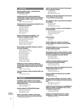 61
educação
ambiental
de
revista brasileira
Agenda 21 dos educadores de vila brasil: Um instrumento
para a sensibilização ambiental
Ana Cláudia Fandi
Ana Roberta Gomes
Gabriel Rodrigues dos Santos
A importância da educação ambiental para preservação da
reserva ecológica do raso da Catarina
Ana Cristina Florindo Mateus Rangel
Uma campanha em apoio à conservação da mata atlântica
do sul da Bahia
Ana Roberta Gomes
Ana Cláudia Fandi
Gabriel Rodrigues dos Santos
Processo participativo na inserçao social dos badameiros
de Feira de Santaana
Aurea Chateaubriand Andrade Campos
Antonio Carlos Martins Argolo
Sandra Maria Furiam Dias
Luciano M.
GEO Juvenil Brasil
Camila Godinho
Érika Costa
Patrulha ecológica: Uma experiência de cidadania e
educação ambiental em caravelas, extremo sul da Bahia
Carlos Aguiar
A disciplina fisiologia da terra como instrumento de
percepção sistêmica do planeta
Carlos César Uchôa de Lima
Representações sociais dos policiais ambientais da cidade
de Salvador-BA: Subsídios para a elaboração de propostas
de cursos de capacitação em educação ambiental
Carolina Batista Matta
Patrícia Bahia da Silva
Sueli Almuiña Holmer Silva
A dialética da educação ambiental na cooperativa
educacional de São Gabriel-BA (COOPESG)
Cecília Machado de Oliveira
Alessandra Alexandre Freixo
Resgate histórico-cultural da Comunidade de Praia do Forte,
município de Mata de São João – BA
Cláudia Regina Zanette
Carlos César Uchôa de Lima
Educação ambiental como alternativa para uma melhor
qualidade de vida
Daniela Ferreira Falcão
Educação ambiental: Refletindo e promovendo a melhoria
da qualidade de vida da população do loteamento tanque do
moura
Dione Ribeiro S. M. de Araújo
Sandra Maria Furiam Dias
O quintal como ponto de partida para a sustentabilidade da
melhoria do ambiente e da qualidade de vida: O caso da
comunidade de tanque de dentro
Dirce Gomes de Almeida
Luiz Antonio Ferraro Júnior
Agenda 21 no assentamento fazenda nova: Limites e
possibilidades no trabalho com educação ambiental
Edinaldo Medeiros Carmo
AMAPÁ
Educação ambiental e turismo – uma perspectiva de
desenvolvimento e cidadania
Cléber Beleza Soares
Identificação parcial dos organismos patogênicos de
veiculação hídrica e doenças associadas na comunidade do
ramal do goiabal, localizada na lagoa dos índios no estado
do amapá
Edleuma Ferreira Silva Gonçalves
Complexo turístico da área de proteção ambiental do curiaú
uma abordagem sócio-ambiental
Hiltrudes de Paula Silva
Dayse Maria Sá Cunha
Diego Rosário Sousa
Gleidson Penha Bezerra
Leiliane Nunes Santos
Isaí Jorge Castro
Coletores de informações sócio-ambientais – uma
experiência no arquipélago do bailique, Amapá
Odete Fátima Machado da Silveira
Maria Aparecida Corrêa dos Santos
Luis Roberto Takiyama
Marcos Henrique de Abreu Martins
Salustiano Vilar da Costa Neto
Edson R. S. Pereira da Cunha
Reserva biológica da fazendinha: Retratando os modos de
vida de uma comunidade
Andréa Rodrigues de Melo
Anne Christyane da S. Marques
Elton Macedo Pinheiro
Ilka Vanessa Ubaiara Brito
Kelren Furtado Abdón
Odessa Sousa Barbosa
Orlando Silva Sousa
Romilde Melo Marques
Sheila da Cruz dos Santos
Simone dos Santos Mafra
Identificação parcial dos organismos patogênicos de
veiculção hídrica e doenças associadas na comunidade do
ramal do goiabal, localizada na lagoa dos índios no estado
do Amapá
Tiaga de Jesus Dias Chagas
A educação ambiental no ambito da produção familiar rural
no Amapá
Fernanda Colares Brandão
BAHIA
Contabilidade e gestão ambiental: Custos ambientais
eatuação de empresas na área de proteção ambiental do
lago de pedra do cavalo
André Luiz Bastos de Freitas
Eugênio Lima Mendes
Educação ambiental no CEFET-BA/UNED-Eunápolis
Alaide Alves Da Silva Oliveira
Claudia Conceição Cunha
Eliana Alcântara Lisboa
Quando a generosidade na partilha do conhecimento
aproxima jovens de classes socioeconômicas diferentes
Alaíde Almeida dos Santos
 