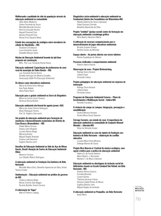70
educação
ambiental
de
revista brasileira
Melhorando a qualidade de vida da população através da
educação ambiental na comunidade
Lílian Alves Medeiros
Liliana Fernanda de Souza
Michelle Miranda Ferreira
Patrícia Consuelo Pereira
Raquel Pimentel Cota
Renata Pimentel Cota
Ronny Erick Siqueira Alves
Estudo das concepções de zoológico entre moradores da
cidade de Uberlândia – MG
Elisabete Chirieleison
Lucia Estevinho Guido
Oswaldo Marçal Júnior
Núcleo de Educação Ambiental fazenda do ipê:Uma
proposta em construção
MSc. Prof. Luiz Fernando Rocha Penna
Educação ambiental: Capacitação de professores da zona
rural do município de Pedra Bonita – MG
Luiz Fernando Rocha Penna
Arnaldo Henrique de Oliveira Carvalho
Associação GAIA Pró-Educação Ambiental
Os idosos como educadores ambientais
Maria da Penha Vieira Marçal
Ana Paula Rabelo
Vânia Rubia Vlach
Educação para a gestão ambiental na Serra do Brigadeiro
Maria do Carmo Couto Teixeira
Verônica Rocha Bonfim
Educação ambiental não-formal de agente jovem: ASA
Maria dos Anjos Pereira Rodrigues
Eliete Rodrigues Pereira
Prof. Dr. Rogério Stacciarini
Um projeto de educação ambiental para formação de
monitores e desenvolvimento ecoturístico do Distrito de
Casa Branca (Brumadinho) – MG
Cibele Maria Ferreira
Daiany Latini Breguêz
Luciana Ramos Braga
Mariana Gontijo
Miguel Ângelo Andrade
Susana Leal Santanna
Eugênio Batista Leite
Desafios da Educação Ambiental no Vale do Aço de Minas
Gerais, Brasil: Atuação do Centro de Educação Ambiental
Oikós
Maurício Ferreira
Luiz Cláudio Ribeiro Rodrigues
A educação ambiental na Fundação Zoo-botânica de Belo
Horizonte
Michelle Maria Diniz; Benedita Aparecida da Silva; Vivian
Teixeira Fraiha
Ambientação – Educação ambiental em prédios do governo
de MG
Frederico Batista Baião
Mirian Cristina Dias Baggio
Ricardo Botelho Tostes Ferreira
A valorização do "lugar"
Márcia Pinheiro Ludwig
Diagnóstico sócio-ambiental e educação ambiental no
Condomínio Quinta das Fazendinhas em Matozinhos-MG
Náiade Delamoriae Assis Lepesquer
Felipe Gustavo Conrado
Benedita Aparecida da Silva
Projeto "tzedaká" (justiça social) centro de formação em
educação ambiental e ecodesign gráfico
Nícia Beatriz Monteiro Mafra
A utilização de recursos computacionais para o
desenvolvimento de jogos educativos ambientais
Ricardo Esteves Kneipp
Antônio Carlos de Miranda
Espaço aberto – de portas abertas aos novos talentos
Rivene Guadalupe de Oliveira
Processo civilizador e comportamento ambiental
Roberto Marin Viestel
Observação de aves - Projeto Birdwatching
Rodrigo Dutra Amaral
Juliana Esper
Fernanda Lisboa;
Projeto pedagógico de educação ambiental em empresa de
mineração
Rodrigo Dutra Amaral
Juliana Esper
Fernanda Lisboa
Programa de Educação Ambiental Externo – Plano de
Envolvimento e Mobilização Social – Itabira-MG
Romildo Fracalossi
A vivência de campo no campus: Integração, percepção e
sensibilização
Sandra Moreira Arantes
Ariana Maria Souza Siqueira
Córrego Carneiro, um estudo de caso: A importância da
educação ambiental na comunidade do Conjunto Manuel
Mendes – Uberaba-MG
Silvia de Almeida Araújo
Educação ambiental na casa de répteis da fundação zoo-
botânica de Belo Horizonte – elaboração de cartilha
educativa
Luciana Mara Costa Moreira
Solange Batista de Souza
Projeto Bica Bem-te-vi: Festival de música ecológica, uma
opção criativa para a prática da educação ambiental
Valéria G. de Freitas Nehme
Maria Beatriz J. Bernardes
Marlene T. de Muno Colesanti
Educação ambiental na abordagem da inclusão social de
deficientes visuais na Escola Estadual São Rafael, em Belo
Horizonte - MG
Andréia Ramos Queiroz
Cornélia Miranda
Lisiane Gomes
Thatiana Zacarias Freitas
Vanessa Isabel Penha de Moura
Eugênio Batista Leite
Miguel Ângelo de Andrade
A educação ambiental na Pampulha, em Belo Horizonte
Vania Mintz
 