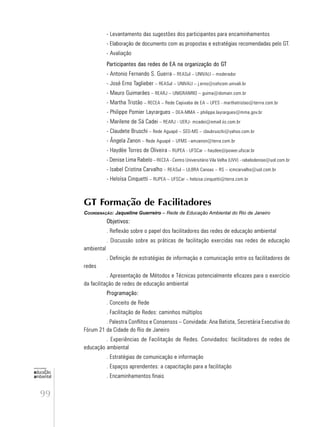 99
educação
ambiental
de
revista brasileira
- Levantamento das sugestões dos participantes para encaminhamentos
- Elaboração de documento com as propostas e estratégias recomendadas pelo GT.
- Avaliação
Participantes das redes de EA na organização do GT
- Antonio Fernando S. Guerra – REASul – UNIVALI – moderador
- José Erno Taglieber – REASul – UNIVALI – j.erno@cehcom.univali.br
- Mauro Guimarães – REARJ – UNIGRANRIO – guima@domain.com.br
- Martha Tristão – RECEA – Rede Capixaba de EA – UFES - marthatristao@terrra.com.br
- Philippe Pomier Layrargues – DEA-MMA – philippe.layrargues@mma.gov.br
- Marilene de Sá Cadei – REARJ - UERJ- mcadei@email.iis.com.br
- Claudete Bruschi – Rede Aguapé – SED-MS – claubruschi@yahoo.com.br
- Ângela Zanon – Rede Aguapé – UFMS –amzanon@terra.com.br
- Haydèe Torres de Oliveira – RUPEA - UFSCar – haydee@power.ufscar.br
- Denise Lima Rabelo – RECEA - Centro Universitário Vila Velha (UVV) - rabelodenise@uol.com.br
- Isabel Cristina Carvalho – REASul – ULBRA Canoas – RS – icmcarvalho@uol.com.br
- Heloísa Cinquetti – RUPEA – UFSCar – heloisa.cinquetti@terra.com.br
GT Formação de Facilitadores
COORDENAÇÃO: Jaqueline Guerreiro – Rede de Educação Ambiental do Rio de Janeiro
Objetivos:
. Reflexão sobre o papel dos facilitadores das redes de educação ambiental
. Discussão sobre as práticas de facilitação exercidas nas redes de educação
ambiental
. Definição de estratégias de informação e comunicação entre os facilitadores de
redes
. Apresentação de Métodos e Técnicas potencialmente eficazes para o exercício
da facilitação de redes de educação ambiental
Programação:
. Conceito de Rede
. Facilitação de Redes: caminhos múltiplos
. Palestra Conflitos e Consensos – Convidada: Ana Batista, Secretária Executiva do
Fórum 21 da Cidade do Rio de Janeiro
. Experiências de Facilitação de Redes. Convidados: facilitadores de redes de
educação ambiental
. Estratégias de comunicação e informação
. Espaços aprendentes: a capacitação para a facilitação
. Encaminhamentos finais
 