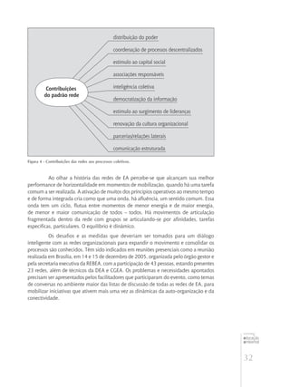 32
educação
ambiental
de
revista brasileira
distribuição do poder
coordenação de processos descentralizados
estímulo ao capital social
associações responsáveis
inteligência coletiva
democratização da informação
estímulo ao surgimento de lideranças
renovação da cultura organizacional
parcerias/relações laterais
comunicação estruturada
Contribuições
do padrão rede
Figura 4 - Contribuições das redes aos processos coletivos.
Ao olhar a história das redes de EA percebe-se que alcançam sua melhor
performance de horizontalidade em momentos de mobilização, quando há uma tarefa
comum a ser realizada. A ativação de muitos dos princípios operativos ao mesmo tempo
e de forma integrada cria como que uma onda, há afluência, um sentido comum. Essa
onda tem um ciclo, flutua entre momentos de menor energia e de maior energia,
de menor e maior comunicação de todos – todos. Há movimentos de articulação
fragmentada dentro da rede com grupos se articulando-se por afinidades, tarefas
específicas, particulares. O equilíbrio é dinâmico.
Os desafios e as medidas que deveriam ser tomados para um diálogo
inteligente com as redes organizacionais para expandir o movimento e consolidar os
processos são conhecidos. Têm sido indicados em reuniões presenciais como a reunião
realizada em Brasília, em 14 e 15 de dezembro de 2005, organizada pelo órgão gestor e
pela secretaria executiva da REBEA, com a participação de 43 pessoas, estando presentes
23 redes, além de técnicos da DEA e CGEA. Os problemas e necessidades apontados
precisam ser apresentados pelos facilitadores que participaram do evento, como temas
de conversas no ambiente maior das listas de discussão de todas as redes de EA, para
mobilizar iniciativas que ativem mais uma vez as dinâmicas da auto‑organização e da
conectividade.
 