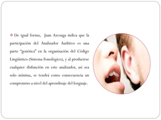  De igual forma, Juan Azcoaga indica que la

participación del Analizador Auditivo es una
parte “genética” en la organización del Código
Lingüístico (Sistema Fonológico), y al producirse
cualquier disfunción en este analizador, así sea
solo mínima, se tendrá como consecuencia un
compromiso a nivel del aprendizaje del lenguaje.
 