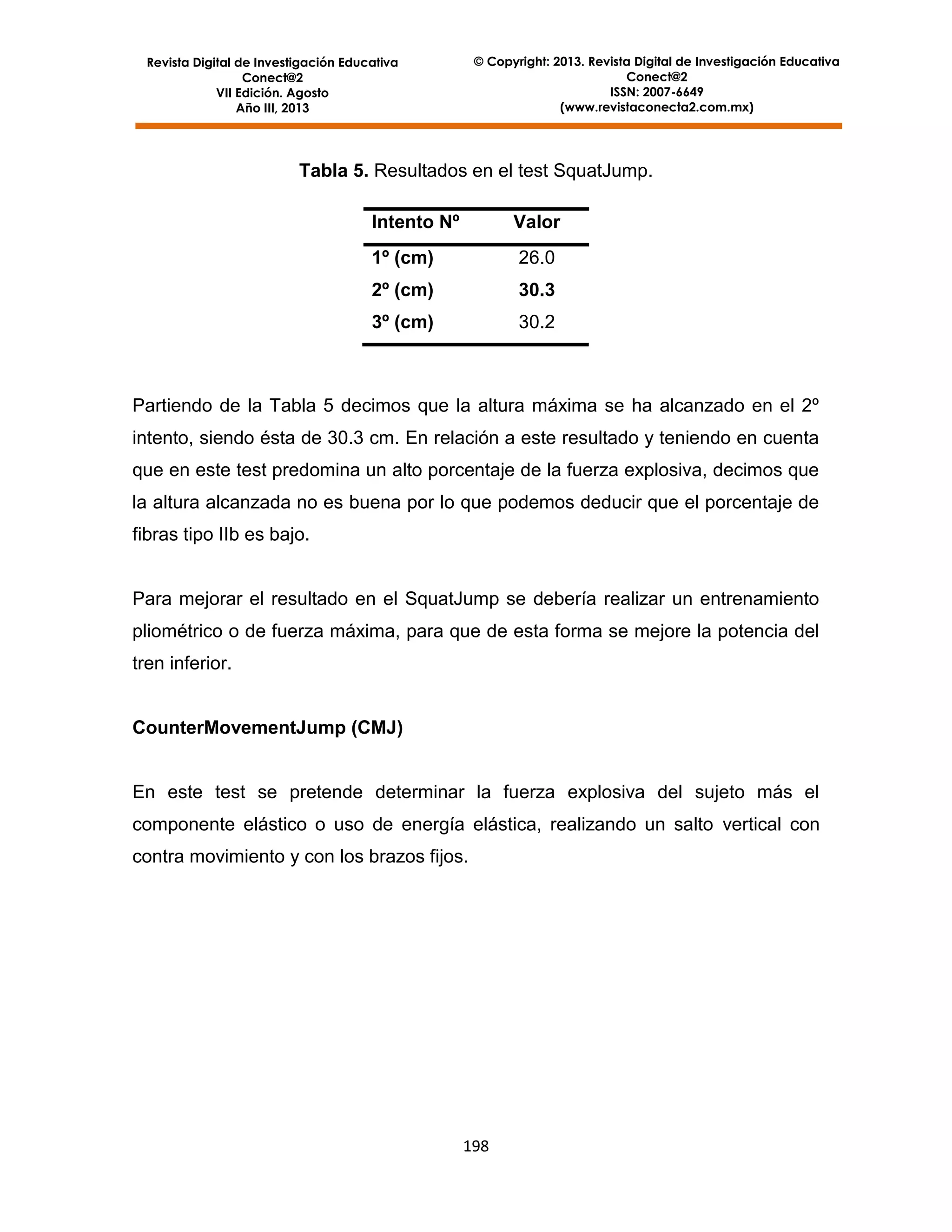 © Copyright: 2013. Revista Digital de Investigación Educativa
Conect@2
ISSN: 2007-6649
(www.revistaconecta2.com.mx)

Revista Digital de Investigación Educativa
Conect@2
VII Edición. Agosto
Año III, 2013

Tabla 5. Resultados en el test SquatJump.
Intento Nº

Valor

1º (cm)

26.0

2º (cm)

30.3

3º (cm)

30.2

Partiendo de la Tabla 5 decimos que la altura máxima se ha alcanzado en el 2º
intento, siendo ésta de 30.3 cm. En relación a este resultado y teniendo en cuenta
que en este test predomina un alto porcentaje de la fuerza explosiva, decimos que
la altura alcanzada no es buena por lo que podemos deducir que el porcentaje de
fibras tipo IIb es bajo.

Para mejorar el resultado en el SquatJump se debería realizar un entrenamiento
pliométrico o de fuerza máxima, para que de esta forma se mejore la potencia del
tren inferior.

CounterMovementJump (CMJ)

En este test se pretende determinar la fuerza explosiva del sujeto más el
componente elástico o uso de energía elástica, realizando un salto vertical con
contra movimiento y con los brazos fijos.

198

 