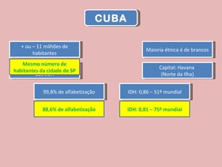 CUBA + ou – 11 milhões de habitantes Maioria étnica é de brancos + ou – 100 km de distância dos EUA Capital: Havana  (Norte da Ilha) IDH: 0,86 – 51º mundial 99,8% de alfabetização IDH: 0,81 – 75º mundial 88,6% de alfabetização Mesmo número de habitantes da cidade de SP 