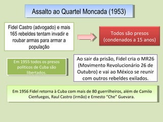 O INÍCIO DA REVOLUÇÃO Assalto ao Quartel Moncada (1953) Fidel Castro (advogado) e mais 165 rebeldes tentam invadir e roubar armas para armar a população Em 1955 todos os presos políticos de Cuba são libertados. Ao sair da prisão, Fidel cria o MR26 (Movimento Revolucionário 26 de Outubro) e vai ao México se reunir com outros rebeldes exilados. Em 1956 Fidel retorna à Cuba com mais de 80 guerrilheiros, além de Camilo Cienfuegos, Raul Castro (irmão) e Ernesto “Che” Guevara.  Todos são presos (condenados a 15 anos) 