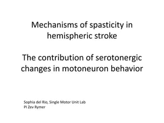 Mechanisms of spasticity in
hemispheric stroke
The contribution of serotonergic
changes in motoneuron behavior
Sophia del Rio, Single Motor Unit Lab
PI Zev Rymer
 
