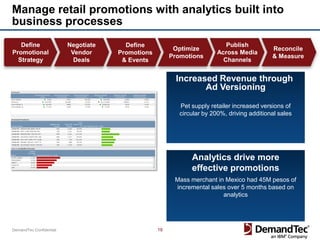 Manage retail promotions with analytics built into
business processes
   Define                Negotiate     Define                              Publish
                                                        Optimize                            Reconcile
Promotional               Vendor     Promotions                         Across Media
                                                       Promotions                           & Measure
  Strategy                 Deals      & Events                            Channels


                                                         Increased Revenue through
                                                                Ad Versioning

                                                          Pet supply retailer increased versions of
                                                          circular by 200%, driving additional sales




                                                              Analytics drive more
                                                              effective promotions
                                                        Mass merchant in Mexico had 45M pesos of
                                                        incremental sales over 5 months based on
                                                                        analytics




DemandTec Confidential                            19
 