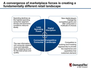 A convergence of marketplace forces is creating a
fundamentally different retail landscape


     • Spending declines as                                 • New digital players
       the highest-spending                                           change the
       consumer segment                                    competitive game and
       shrinks and economic                                    offer consumers a
       conditions rebound                                    multitude of choices
       slowly                       Less
                                               Digital
                                  Spending
                                             Disruption
                                   Power



                                  Connected Competitive
                                  Consumer Landscape               Competition is
      • The new information-
        rich consumer expects                              evolving and investing
        more and tolerates                                aggressively to provide
        less, shopping around                                 the experience and
        for the best prices and                                   capabilities that
        quality                                               customers demand
 