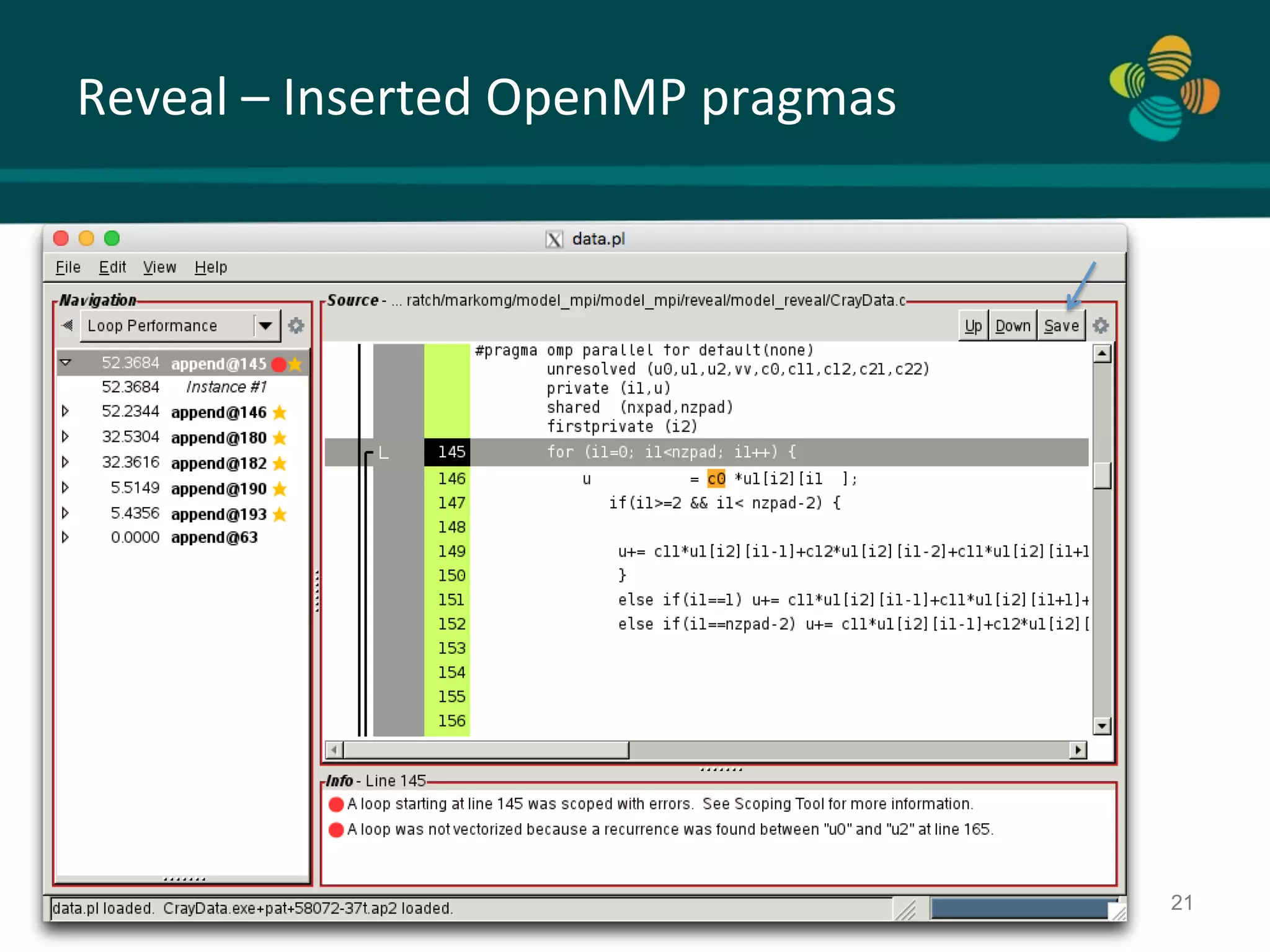 Reveal	–	Inserted	OpenMP	pragmas KAUST King Abdullah University of Science and Technology 21 