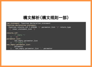 2019/6/29 reveal.js
localhost:8000/?print-pdf/#/ 21/78
構文解析（構文規則一部）構文解析（構文規則一部）
top_statement: function_declaration_statement
function_declaration_statement:
function returns_ref T_STRING '(' parameter_list ')' return_type
'{' inner_statement_list '}'
returns_ref:
/* empty */
| '&'
parameter_list:
non_empty_parameter_list
| /* empty */
non_empty_parameter_list:
parameter
| non_empty_parameter_list ',' parameter
 